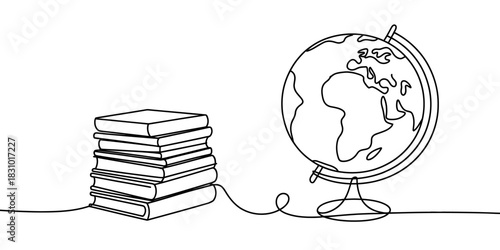 Continuous line drawing of a stack of books connected to a globe illustration