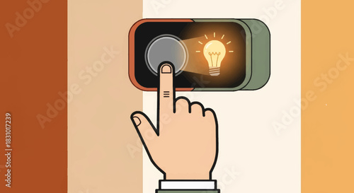 Hand pressing light switch button with illuminated bulb icon  