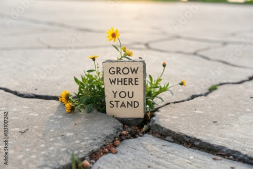Wildflowers Growing Through Cracked Pavement with Inspirational Quote