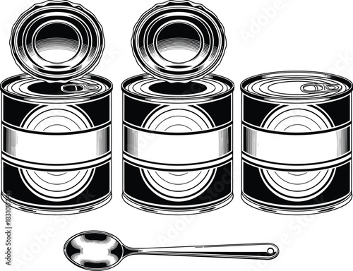 Vintage canned food illustration with open tin cans, metal containers, spoon utensil, detailed engraving style for packaging design, cooking, storage art
