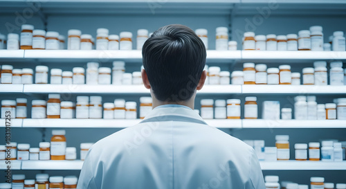 Healthcare Professional Contemplating Medication Options in Pharmacy Diverse Array of Bottles on Shelves Providing Essential Medicines for Healthcare Treatment Aid