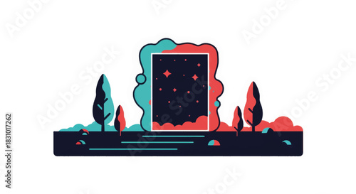 Colorful portal in nature with stars and stylized trees  
