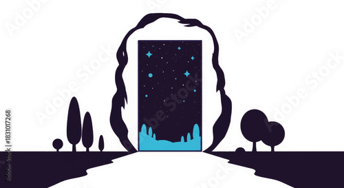 Abstract door leading to night sky with stars and colorful landscape  