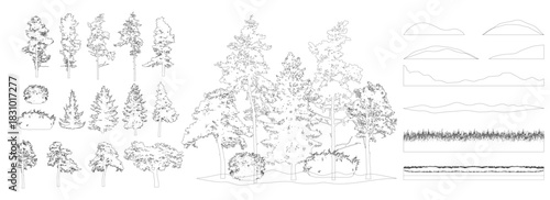 Constructor kit. Contours of beautiful spruce trees, pine, other trees, grass, hill. Creation of  beautiful park, forest, landscape, woodland, collection of element. Vector illustration.