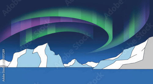 Northern lights above icy landscape with sea and mountains at night  