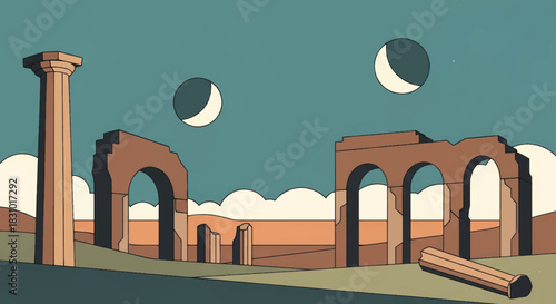 Ancient ruins with moon phases under a twilight sky landscape  