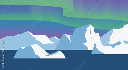 Abstract icebergs under northern lights on blue ocean background  