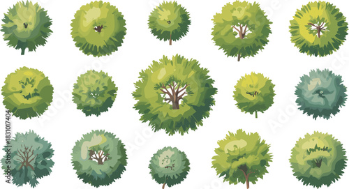 Top view tree vector collection featuring various green foliage shapes for landscape architecture plans and game map design.