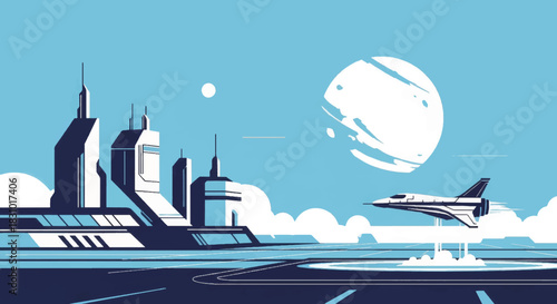 Futuristic city skyline with spacecraft launching against a blue sky  