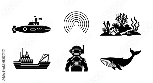Explore the ocean depths with a submarine, ship, coral reef, astronaut, sonar, and whale in this bold graphic collection for your project