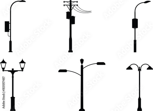 Vector collection of black street light silhouettes featuring modern lamps, utility poles, and vintage lamp posts for urban design.