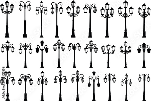 Vintage street lamp silhouette set featuring classic decorative lantern designs for urban lighting, park pathways, cityscapes, architecture elements and outdoor illumination projects