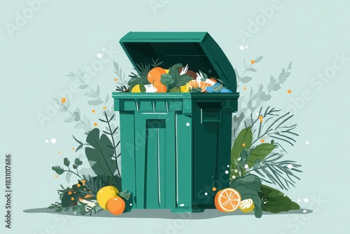 Colorful illustration of a green trash bin overflowing with fresh fruits and vegetables amidst foliage