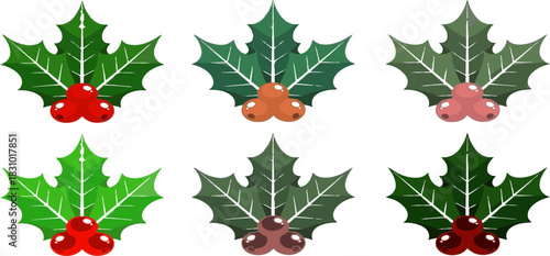 Christmas holly leaves and berries. Six Holly berry icons set, Christmas logo with holly berries vector illustration isolated in transparent background.