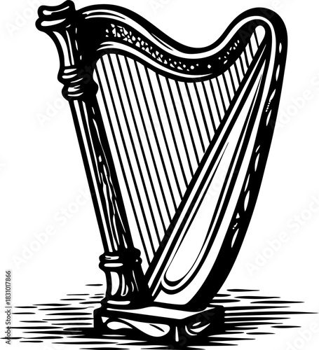 Elegant classical harp illustration with strings and ornate frame, vintage musical instrument design
