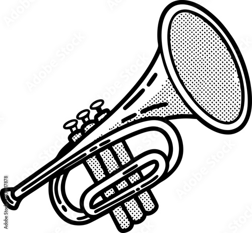 Vintage brass cornet illustration with detailed valves and curved tubing, musical instrument design