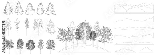 Design elements of  forest trees. Constructor of landscape. Contours of beautiful spruces, pines, bare trees, hill. Vector illustration