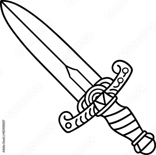 Decorative medieval sword illustration with ornate hilt and straight double edged blade outline