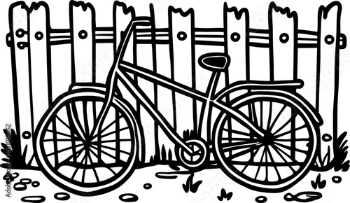 Bicycle leaning against wooden fence with grass and stones in simple black and white line art