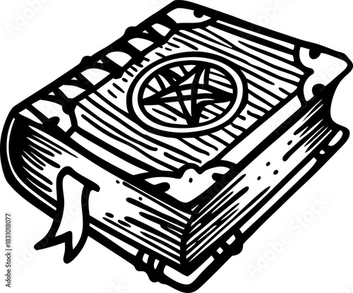 Ancient spellbook with pentagram symbol, mystical grimoire of magic and occult knowledge