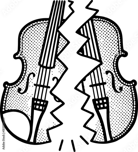 Broken violin icon with jagged crack symbolizing damaged instrument, loss, frustration, and musical failure