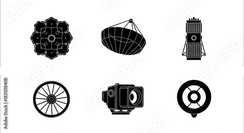 Explore cutting-edge technology with these black and white icons, perfect for modern designs and innovative projects requiring sleek visuals