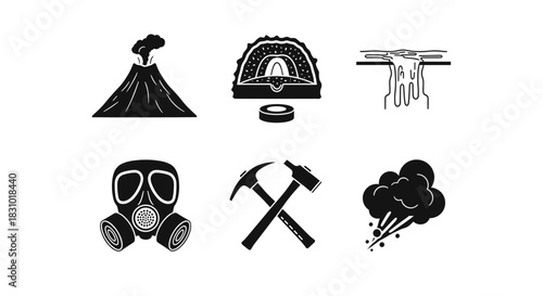 Geology symbols for scientific research and exploration in black and white a volcano, cave, waterfall, gas mask, hammers and vapor