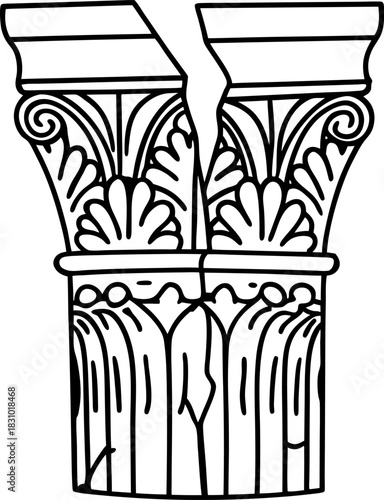 Broken corinthian column capital with decorative acanthus leaves and cracked classical architecture
