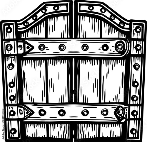 Rustic medieval wooden gate with iron hinges, bolts and decorative metal rivets illustration