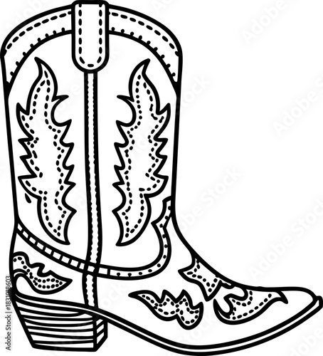 Cowboy boot silhouette with decorative western pattern and low heel, detailed outline illustration