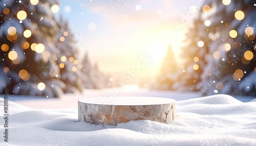 Festive winter forest podium with glowing bokeh lights and snow.
