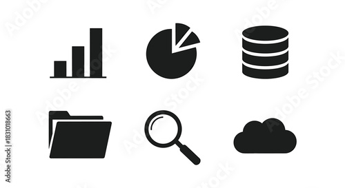 Analyze your data with these useful chart, database, folder, search and cloud icons for business and technology uses and presentations