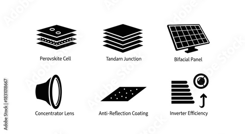 Explore innovative solar panel component icons for renewable energy solutions and sustainable technology applications, clean energy design elements