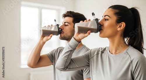 Fitness focused couple replenishing nutrients with shake after workout session