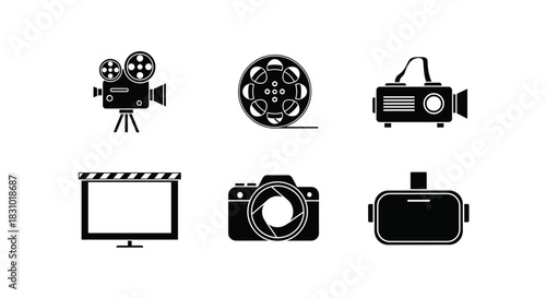 Vintage film camera and modern VR headset create a dynamic juxtaposition for multimedia production, entertainment, and tech innovations