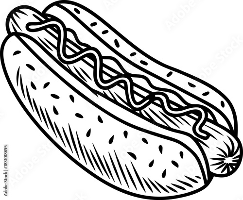 Hot dog with sausage in bun and mustard topping, simple black and white illustration