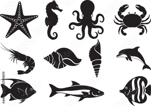 Black Silhouette Icons of Marine Life and Sea Creatures Keywords: starfish, seahorse, octopus, crab, shrimp