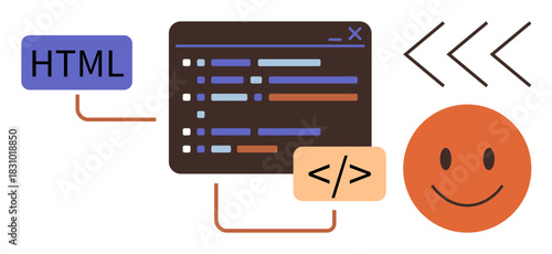 Code editor window with HTML label, coding tags, arrows denoting processing, and a smiling face. Ideal for coding, programming, web design, teamwork, technology creativity simple flat metaphor