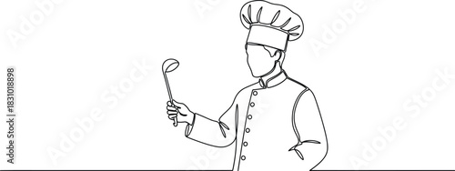 Chef in uniform holding a ladle single line drawing style culinary arts concept isolated on transparent background