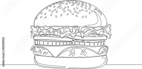 Continuous line drawing of a burger with sesame seeds lettuce cheese and meat isolated on transparent background