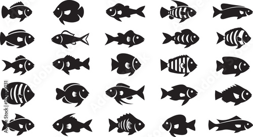Collection of diverse black silhouette fish icons on white background vector illustration