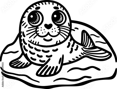 Cute baby seal pup with big eyes lying on ice floe, black and white animal illustration