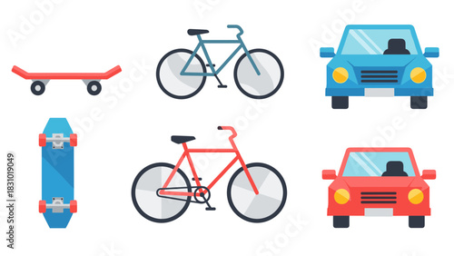 Collection of illustrated vehicles and recreational equipment isolated on white background.