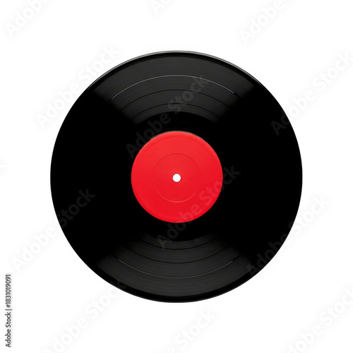 Vintage vinyl record with red label isolated on transparent background