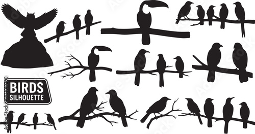 Diverse collection of bird silhouettes perched on branches and a rock birds tree