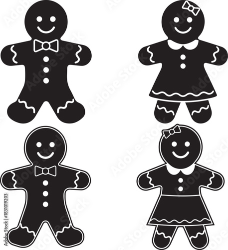 Four gingerbread men and women cookies with icing details on white background Keywords: gingerbread, cookie, man