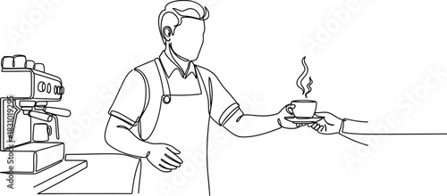 Barista serving coffee sketch illustration hand drawn line art of coffee shop worker isolated on transparent background