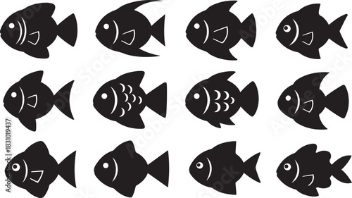 Twelve black silhouette fish icons in a grid pattern on white background marine