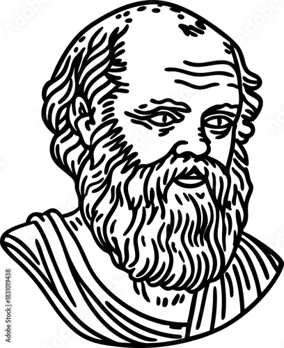 Socrates ancient philosopher bust illustration, classical greek thinker portrait line art