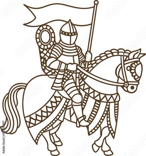 Medieval knight on armored horse with lance and shield, chivalry and courage outline illustration